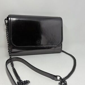 Tory Burch Emerson Patent Chain Wallet Gunmetal Metallic Crossbody